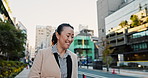 Japanese businesswomen, bow and walking to work, morning respect and corporate culture on sidewalk in city. People, professional workers and traditional greeting on street for career and job in town