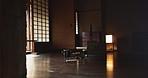 Japan, house window and furniture in a living room with retro and Japanese table with screen door. Minimal, zen decor and wooden counter with tatami mat and carpet with interior design and empty 
