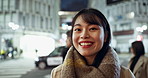 Travel, smile and face of Asian woman in the city on exploring vacation, adventure or holiday. Happy, excited and portrait of young female person with positive attitude in town on weekend trip.