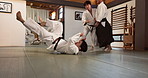Aikido, sensei and fight with a master in martial arts with student in self defence, discipline and training. Demonstration, class or Japanese man with black belt in fighting with education of skill