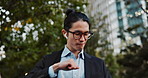 Japanese businessman, travel and dancing to work, music and wireless earphones for streaming playlist. Young person, entrepreneur and technology with listen to digital podcast and connection in town