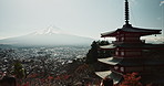 Japanese temple, building in nature with mountain and architecture, religion and tradition for travel and environment. Traditional real estate, faith with culture and landmark, tourism and Buddhism