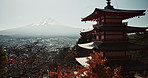 Japanese temple, pagoda building with mountain and architecture, religion and tradition for travel and environment. Traditional real estate, faith with culture and landmark, nature and Buddhism