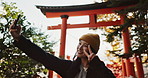 Selfie, nature and Japanese woman with peace sign for holiday, vacation and adventure in Japan. Happy, travel and person take picture on smartphone for social media post, memories and online blog