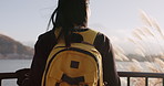 Woman, water and backpack with back, thinking and mountains on adventure, trip or vacation in nature. Girl, person and ideas on holiday with bag, vision and memory by lake, river and bridge in Tokyo