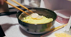 Japanese, ramen and food in restaurant with preparation and ingredients, chopsticks and chef skill with decoration. Person cooking traditional cuisine, closeup with nutrition and garnish on noodles