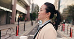 Coffee, walking and Japanese business woman in the city crossing the road to work or job. Cappuccino, travel and professional young female person commuting with caffeine in the morning in urban town.