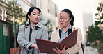 Businesswomen, japan and discussion by sidewalk in city, walking and collaboration on working in corporate career. Manager, employee or communication in professional job in kyoto or project feedback