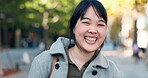 Japan businesswoman, face and laughing in city for company travel and street for ambition or startup entrepreneur. Portrait, person and happy for summer trip for career growth and job pride in kyoto