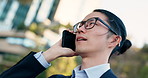 Phone call, city or face of professional man planning, networking and consulting with mobile user in negotiation. Cellphone, conversation or Japanese businessman talking with contact on urban commute