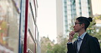 Man, thinking and choice at the vending machine for food or hot drink with businessman in city. Shopping, automatic service and hungry professional customer with decision downtown in Tokyo Japan