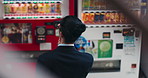 Vending machine, business man and thinking, decision or choice of automatic service on digital tech at night in city outdoor. Back, shopping and professional customer in urban town in Tokyo Japan