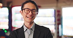 Face, business and man with a smile, glasses and employee with joy, Japanese and career. Portrait, person and lawyer with eyewear, clear vision and formal with a break, startup and cheerful worker