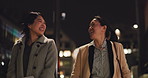 Night, business people and funny with women, walking and cheerful with peace, humor and laughing. Friends, outdoor or girls with joy, fun or evening with coworkers, Japan and partnership with a break