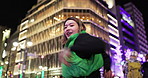 Woman, Japanese and dance in city at night, energy and fun with smile outdoor. Celebration, party and music with dancer on urban street in Tokyo, streetwear with hip hop and positivity for nightlife