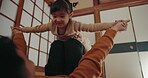 Father, daughter and airplane for bonding at home, love and happiness for care in childhood or parenthood. Asian family, daddy and child playing for connection, game and support or relaxing together
