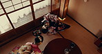 Traditional, bow and women with Japanese tea, service and above welcome with respect and matcha on tray. Asian, culture master and guest in kimono with hospitality, indigenous heritage and peace