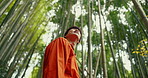 Japanese man, bamboo forest and nature on adventure, hiking and trees with thinking, ideas and journey. Person, outdoor or trekking for peace, mindfulness and calm in environment on vacation in Kyoto