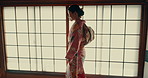Corridor, home and traditional Japanese woman in indigenous clothing, style and kimono for culture. Walking, fashion and person in house for morning routine, wellness and ritual or hospitality 