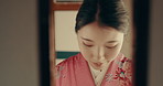 Open, door and traditional woman in Japan bow in welcome with kimono, fashion or culture. Asian, home and portrait of person in morning with happiness, respect and entrance to house with hospitality