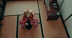 Woman, Japanese and traditional prayer for religious practice in tatami room for spiritual healing, wellness or gratitude. Female person, kimono dress and god worship on bamboo floor, holy or respect