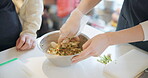 Hands, Japanese and chef cooking ramen or bowl preparation, hungry culture or learning. People, recipe and vegetable dish class for local meal experience or travel activity, wok cuisine or asian food