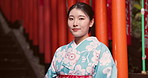 Face, stylish outfit and Japanese woman with a smile, city and elegant with confidence, fashion and calm. Portrait, person or girl with traditional clothes, street and travel with beauty or sunshine