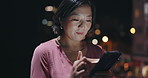 Business woman, city and phone at night to scroll app, reading digital news and update information in Tokyo. Mature Japanese worker typing on smartphone, search social network or internet in the dark