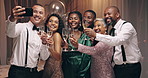 Friends, toast champagne and selfie for new year, party and gala with smile, celebration and fashion in night. People, group and photography for memory, cheers and post on social network at event