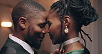 Face, dance and home with black couple, celebration and happiness with joy, bonding together or anniversary.  African people, apartment or man with woman, smile or love with care, marriage or romance