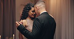 Couple, dance and event romance at party for commitment, connection or music night. Man, woman and relationship activity at gala ceremony for luxury social weekend or love support, classy or evening