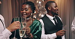 Woman, friends and champagne at new year gala in conversation, talk or happy with wish for success. African girl, men and glass for sparkling wine, alcohol or toast with celebration, cheers or social