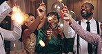 Men, women and party with sparkle at new year gala in conversation, talk or happy with wish for success. Friends, smile and night with fireworks, together and lights in celebration, cheers or event