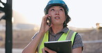 Woman, phone call and tablet, construction worker and inspection of building site for project management. Architecture, engineer and communication, Japanese contractor and digital blueprint outdoor