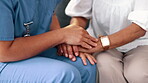 Trust, support or closeup of nurse holding hands with patient for healthcare, wellness and service. Empathy, love and caregiver with a helping hand for a senior person for medical advice and nursing