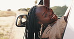 Travel, wind and black woman with vacation, car and freedom with summer break, nature and happy in road. Adventure, holiday and transportation with girl passenger, laughing and excited with journey