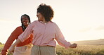 Dance, earth and woman friends on farm together for travel, adventure or exploration with energy. Nature, agriculture and dirt road with young people bonding in the countryside for summer vacation