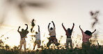 Group, friends and jump or sunset field for outdoor vacation for connection, holiday or milestone. People, community and leap in nature for agriculture celebration in countryside, land or back view