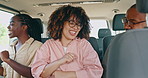 Smile, dance and friends in car for road trip together to travel on holiday, vacation or weekend getaway. Diversity, happy or transport with excited man and women in vehicle for journey or adventure