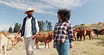 Farming, woman and man with cow field, conversation on sustainability and agriculture in countryside. Nature, animals and farmer couple with small business, discussion in food or dairy production.