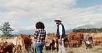 Farming, woman and man with cattle field, conversation on sustainability and agriculture in African countryside. Nature, animals and cow farmer couple with small business, discussion in production.