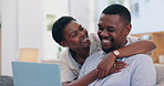 Happy, laptop and black couple hug on sofa for bonding, relationship and relax together in home. Love, marriage and African man and woman on computer for remote work, online networking and website
