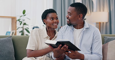 Bible, reading and black couple on sofa with spiritual faith, worship