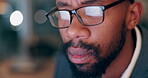 Man, graphic designer and glasses for night research, creative vision or planning on computer in reflection. African worker reading, watch or vision with eye care for website design or online project