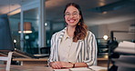 Face, smile and business woman at desk in office at night for deadline in startup by laptop. Portrait, happy designer and creative professional entrepreneur or employee in glasses at table in Brazil