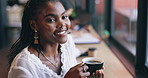 Coffee shop, happy and black woman by window with drink for relaxing, calm and breakfast in cafe. Restaurant, weekend and face of person with mug, aroma and scent for latte, caffeine and cappuccino