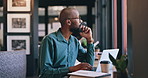 Laptop, thinking and business black man in coffee shop for remote work, research or problem solving. Computer, idea and planning with a freelance employee working by window in restaurant or cafe