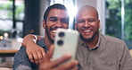 Home, gay couple and video call with selfie, funny joke and love with bonding and hug in living room. Partner, laughing and lgbt pride with marriage in house with queer relationship of black men