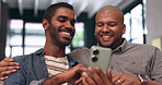 Gay, men and happy on sofa with phone for social media, internet streaming or bonding with laughing in home. Lgbtq, couple and smartphone or technology on couch in lounge for online tv or website