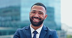 Laughing, city and face of business black man with confidence, pride and happy in urban town. Corporate manager, professional worker and portrait of entrepreneur for career ambition, working and job